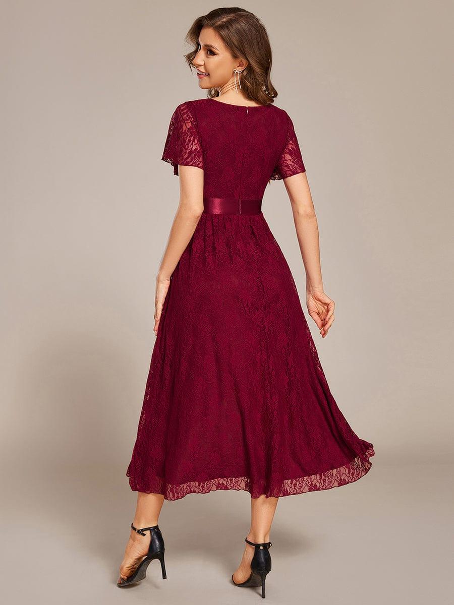 Flattering Short Sleeves A-Line Lace Midi Formal Dress with Sash