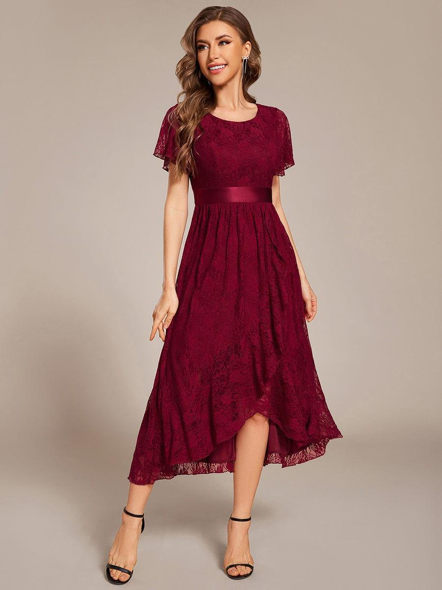 Flattering Short Sleeves A-Line Lace Midi Formal Dress with Sash