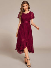 Flattering Short Sleeves A-Line Lace Midi Formal Dress with Sash