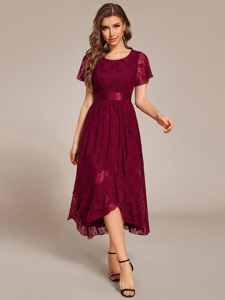 Flattering Short Sleeves A-Line Lace Midi Formal Dress with Sash