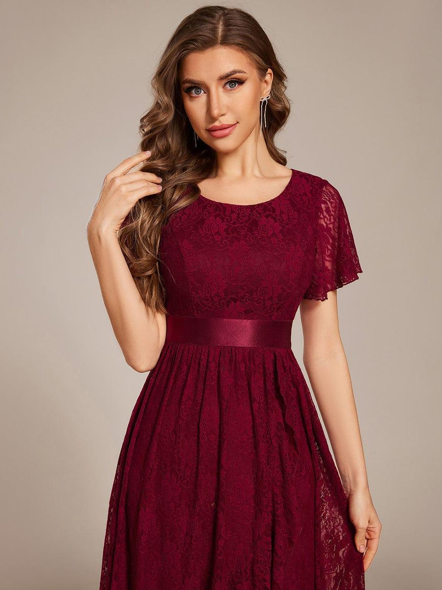 Flattering Short Sleeves A-Line Lace Midi Formal Dress with Sash