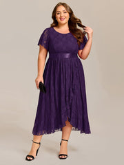 Flattering Short Sleeves A-Line Lace Midi Formal Dress with Sash