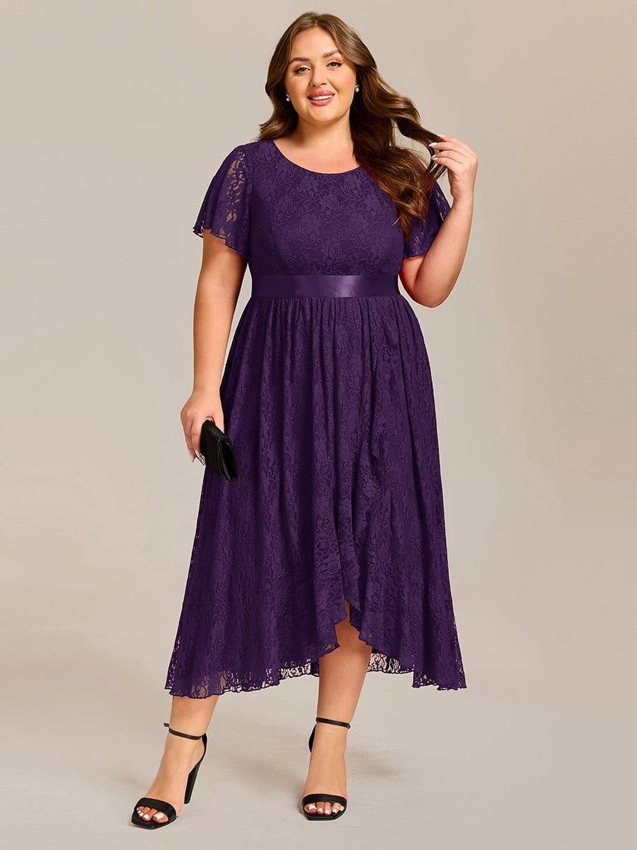 Flattering Short Sleeves A-Line Lace Midi Formal Dress with Sash