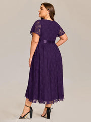 Flattering Short Sleeves A-Line Lace Midi Formal Dress with Sash