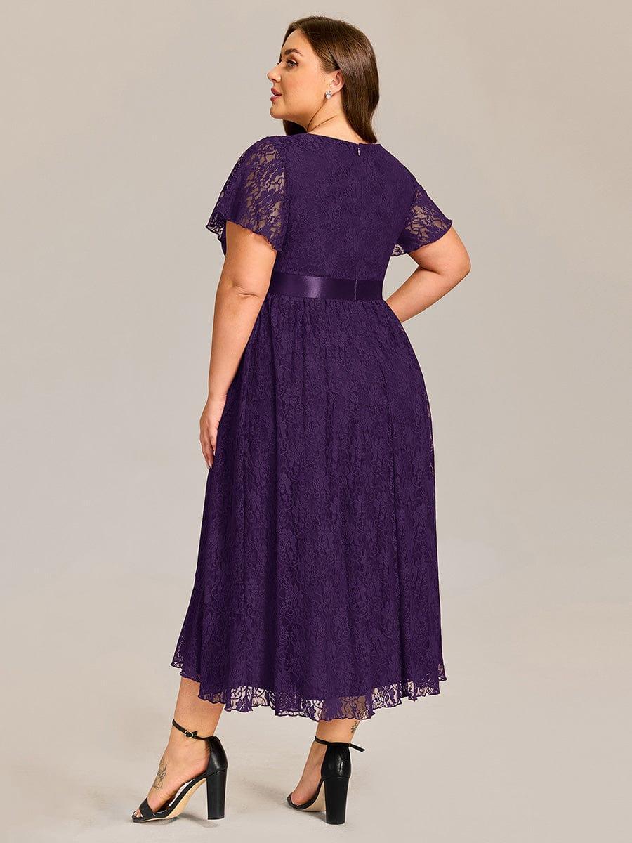 Flattering Short Sleeves A-Line Lace Midi Formal Dress with Sash