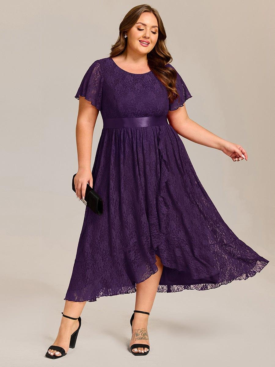 Flattering Short Sleeves A-Line Lace Midi Formal Dress with Sash