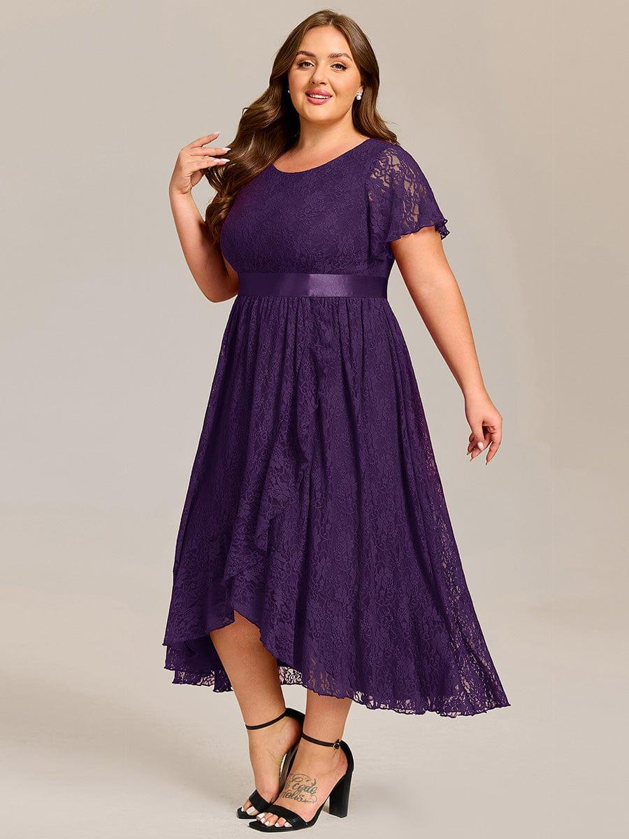 Flattering Short Sleeves A-Line Lace Midi Formal Dress with Sash