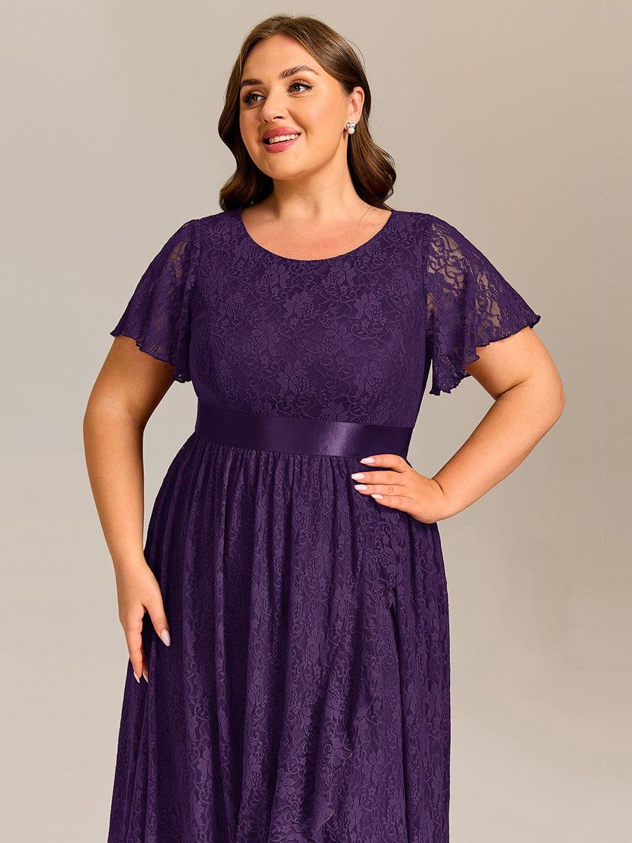 Flattering Short Sleeves A-Line Lace Midi Formal Dress with Sash