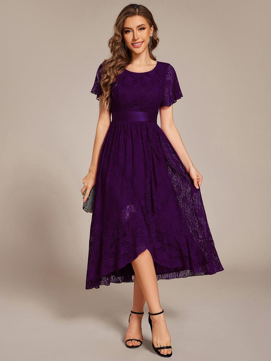 Flattering Short Sleeves A-Line Lace Midi Formal Dress with Sash