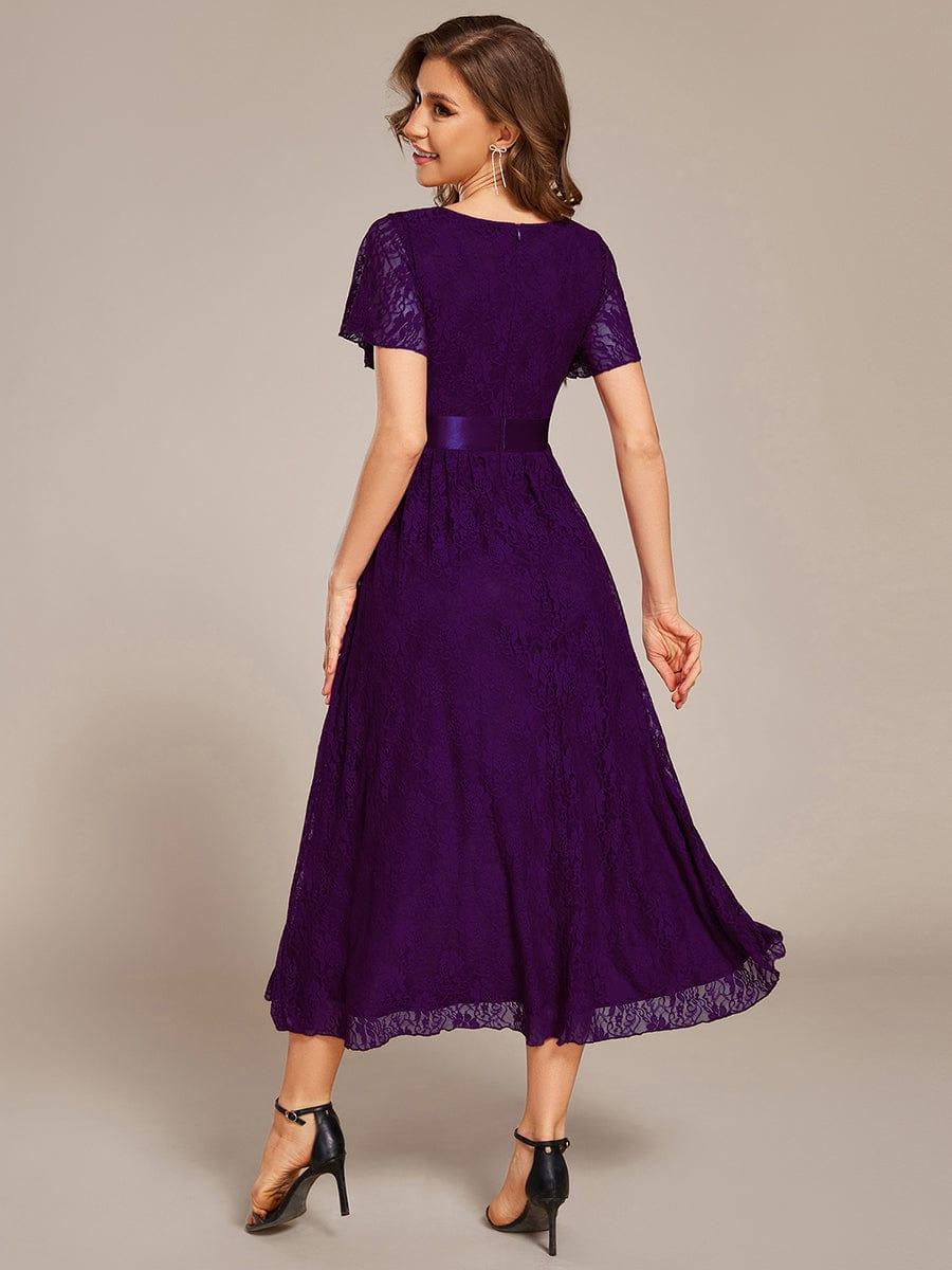 Flattering Short Sleeves A-Line Lace Midi Formal Dress with Sash
