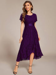 Flattering Short Sleeves A-Line Lace Midi Formal Dress with Sash