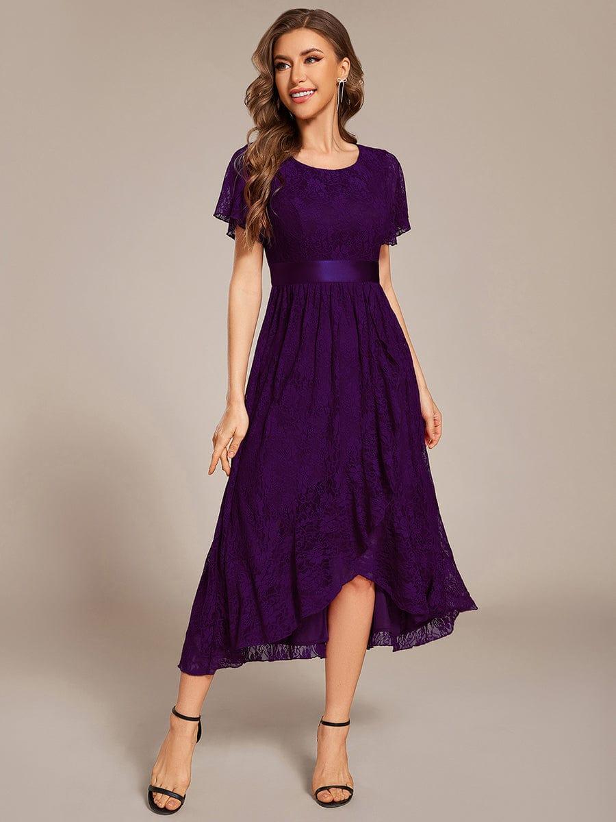 Flattering Short Sleeves A-Line Lace Midi Formal Dress with Sash