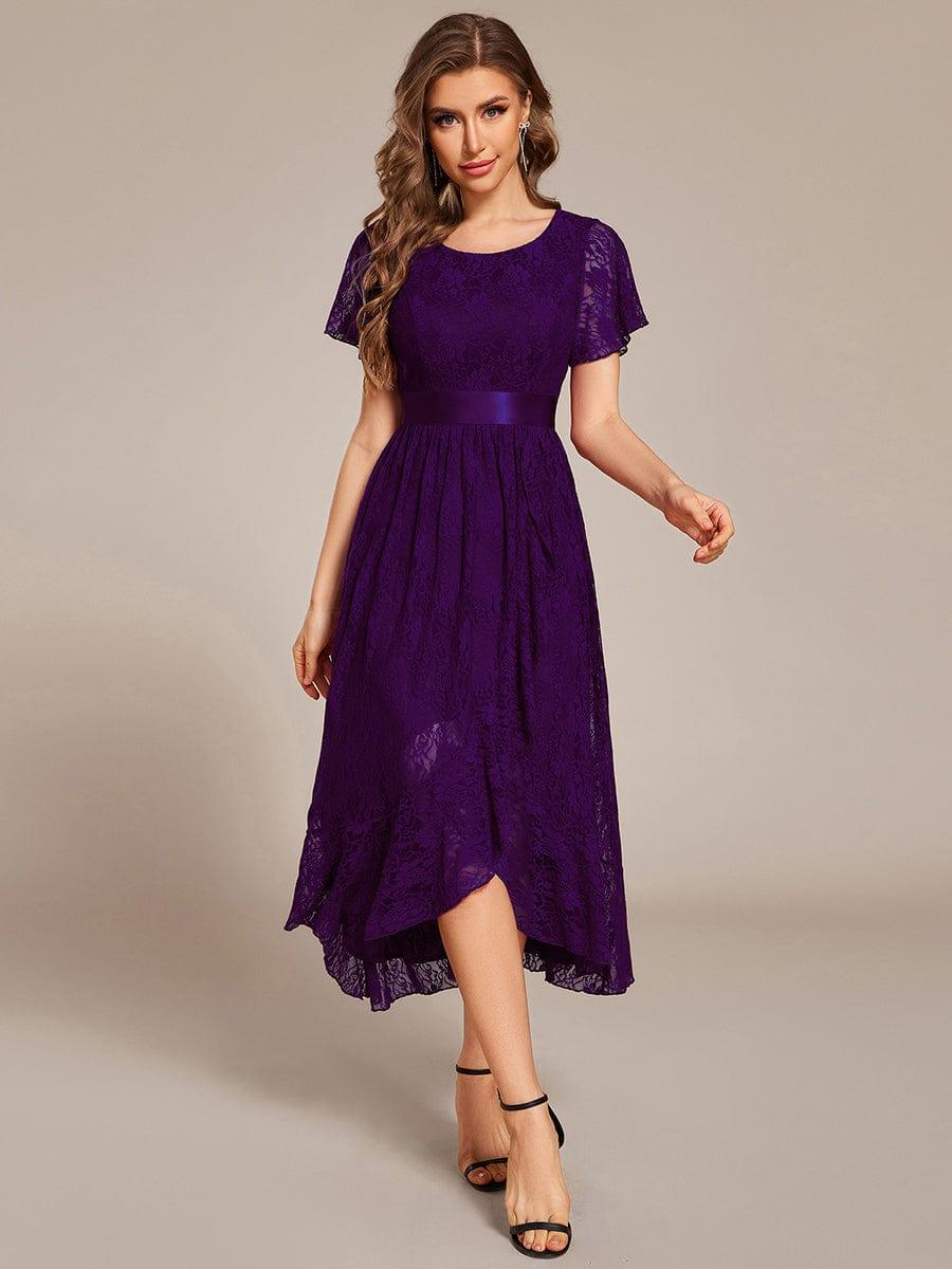 Flattering Short Sleeves A-Line Lace Midi Formal Dress with Sash