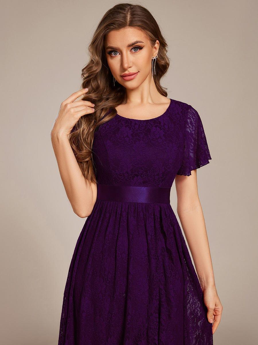 Flattering Short Sleeves A-Line Lace Midi Formal Dress with Sash