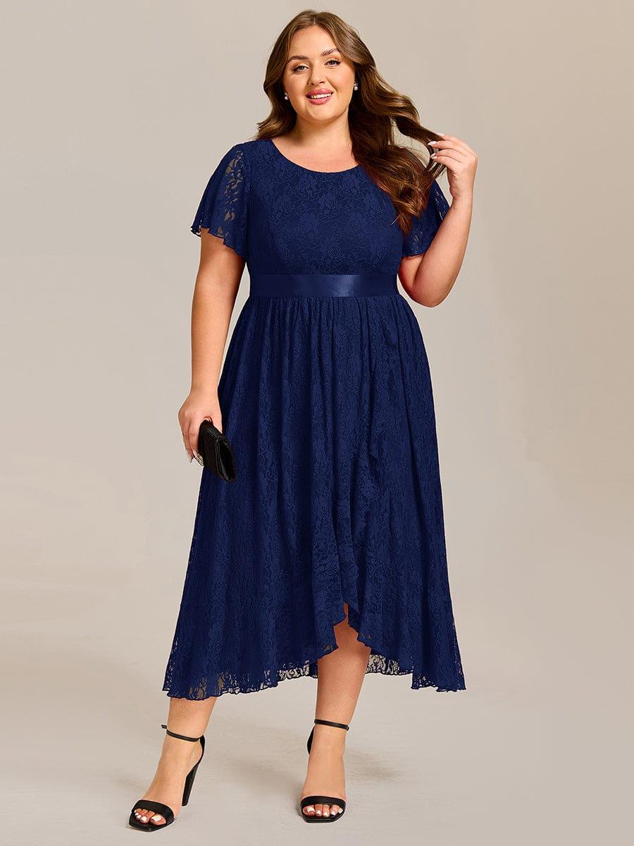 Flattering Short Sleeves A-Line Lace Midi Formal Dress with Sash