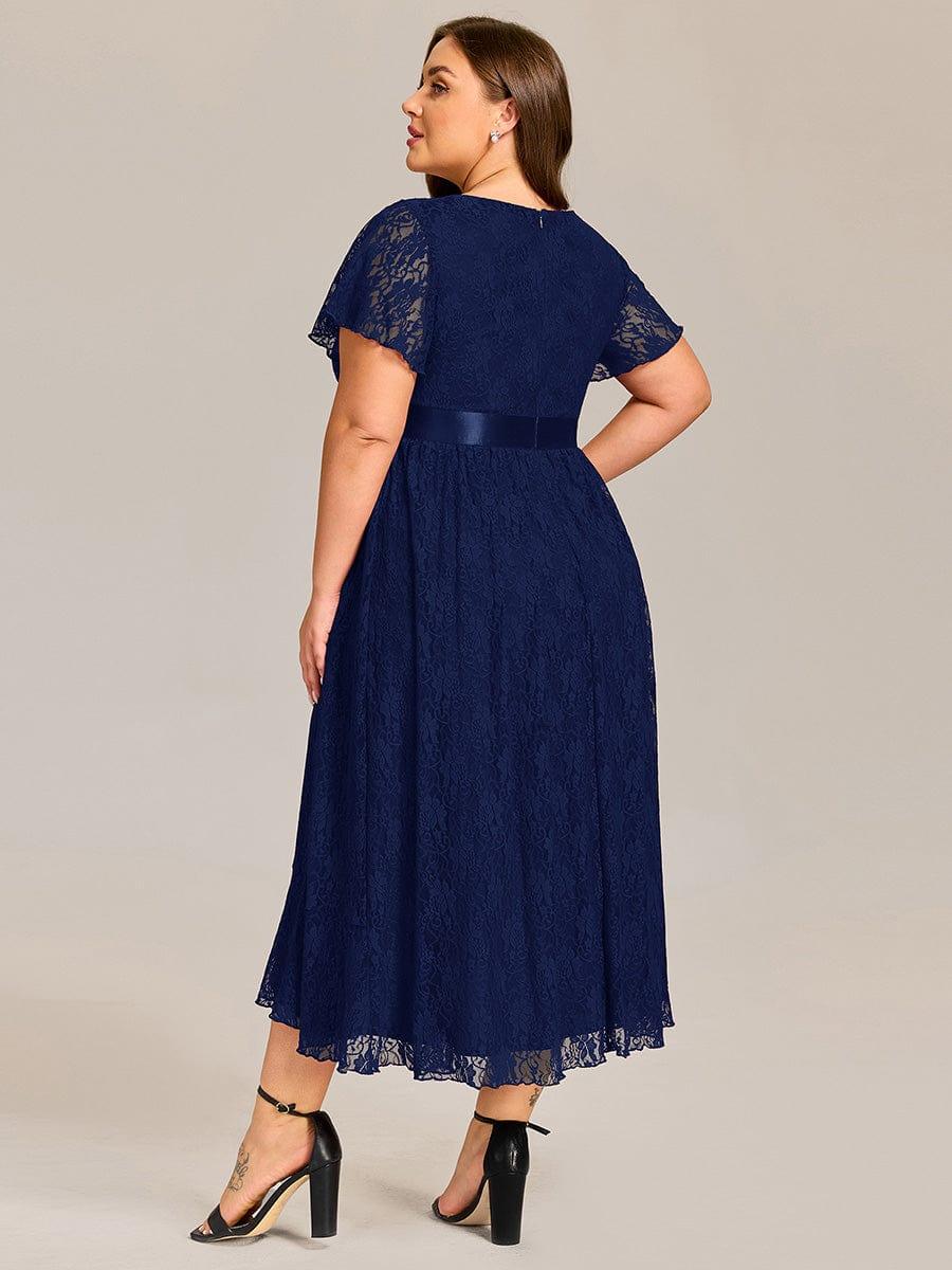 Flattering Short Sleeves A-Line Lace Midi Formal Dress with Sash