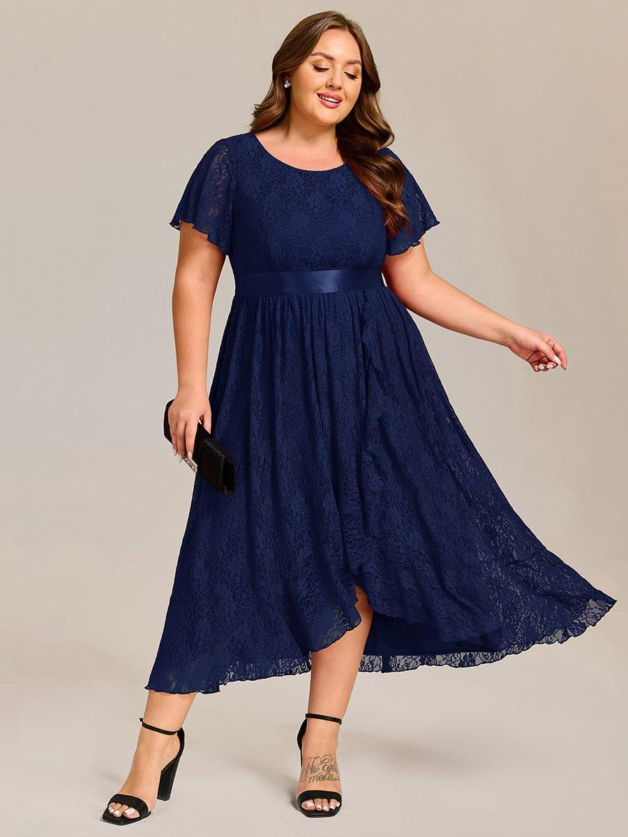 Flattering Short Sleeves A-Line Lace Midi Formal Dress with Sash