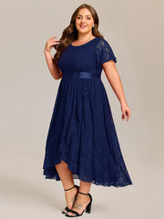 Flattering Short Sleeves A-Line Lace Midi Formal Dress with Sash
