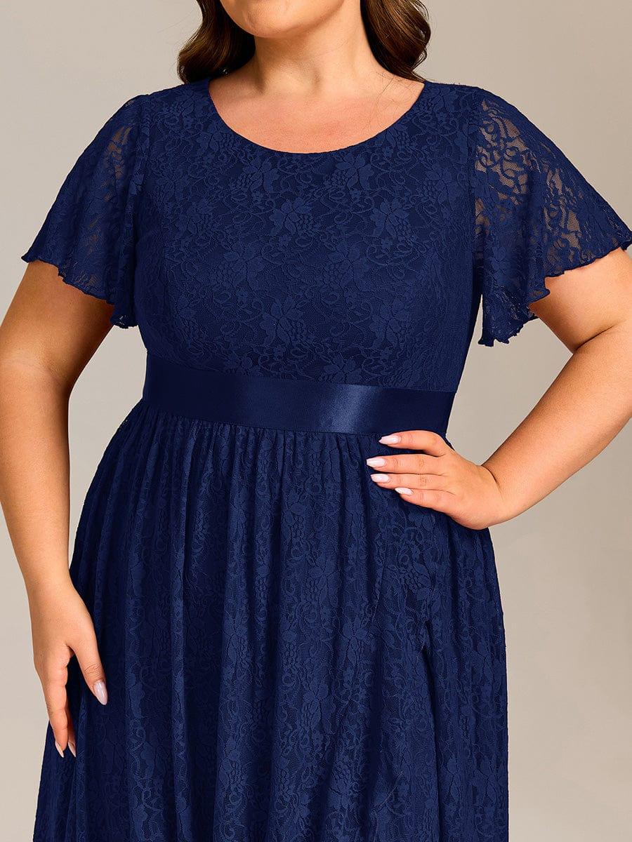 Flattering Short Sleeves A-Line Lace Midi Formal Dress with Sash