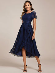 Flattering Short Sleeves A-Line Lace Midi Formal Dress with Sash