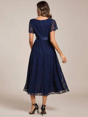 Flattering Short Sleeves A-Line Lace Midi Formal Dress with Sash