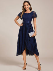 Flattering Short Sleeves A-Line Lace Midi Formal Dress with Sash