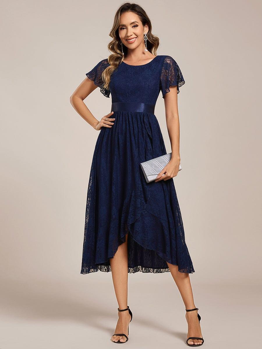 Flattering Short Sleeves A-Line Lace Midi Formal Dress with Sash