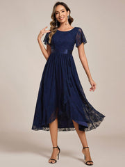 Flattering Short Sleeves A-Line Lace Midi Formal Dress with Sash