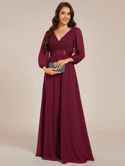 Empire V-Neck Chiffon A-Line Maxi Formal Evening Dress with Long Sleeves