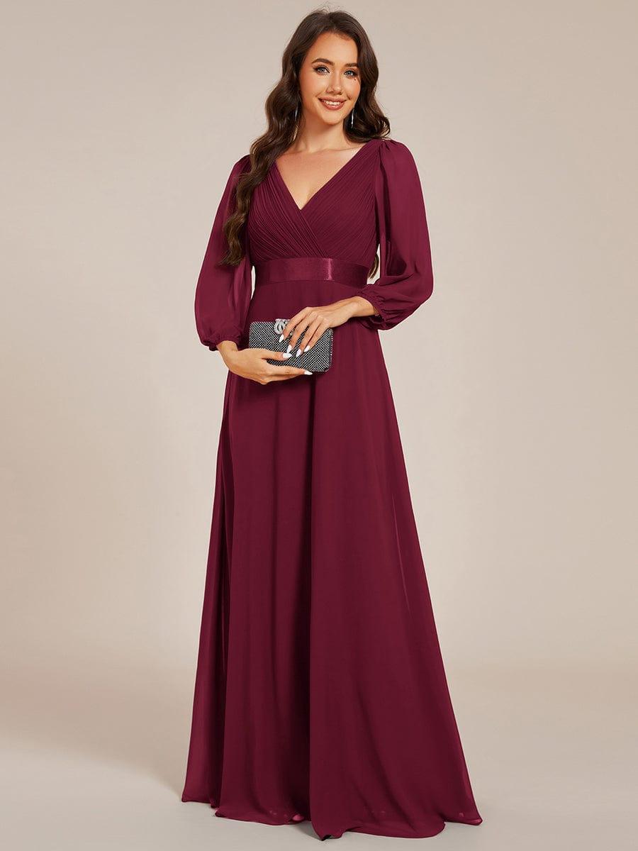 Empire V-Neck Chiffon A-Line Maxi Formal Evening Dress with Long Sleeves