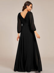 Empire V-Neck Chiffon A-Line Maxi Formal Evening Dress with Long Sleeves