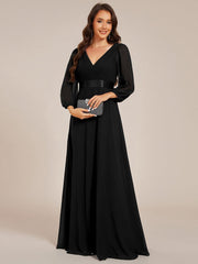 Empire V-Neck Chiffon A-Line Maxi Formal Evening Dress with Long Sleeves