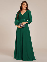 Empire V-Neck Chiffon A-Line Maxi Formal Evening Dress with Long Sleeves