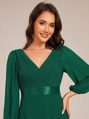 Empire V-Neck Chiffon A-Line Maxi Formal Evening Dress with Long Sleeves