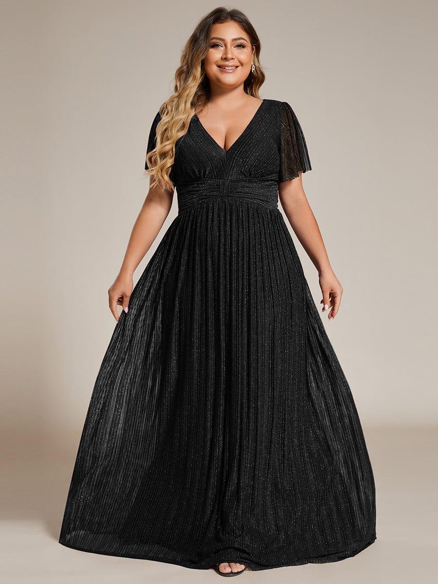 Glamorous Plus Size V-Neck A-Line Formal Evening Dress with Short Sleeves