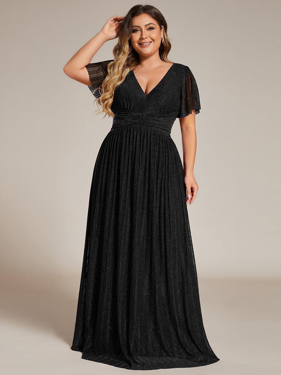 Glamorous Plus Size V-Neck A-Line Formal Evening Dress with Short Sleeves