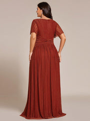 Glamorous Plus Size V-Neck A-Line Formal Evening Dress with Short Sleeves