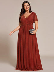 Glamorous Plus Size V-Neck A-Line Formal Evening Dress with Short Sleeves