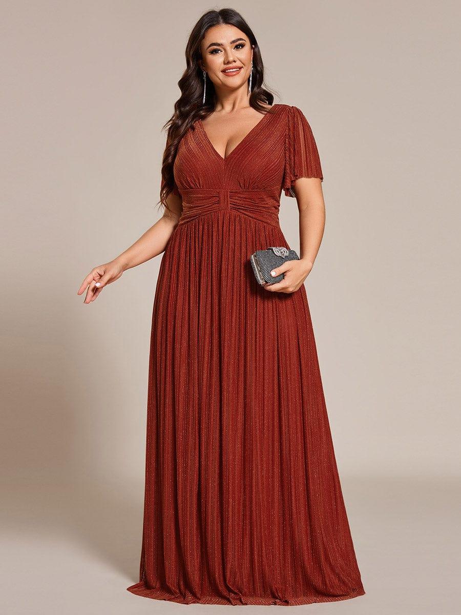 Glamorous Plus Size V-Neck A-Line Formal Evening Dress with Short Sleeves