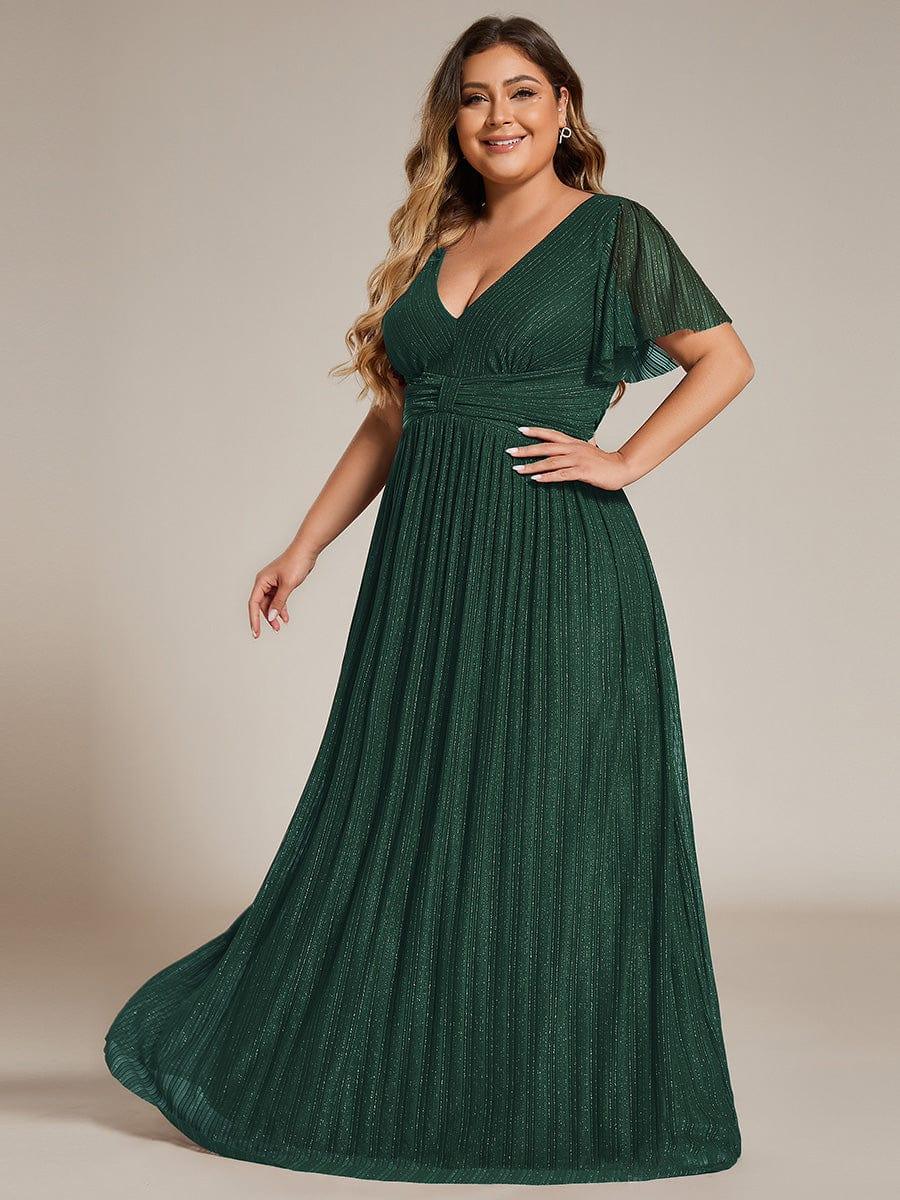 Glamorous Plus Size V-Neck A-Line Formal Evening Dress with Short Sleeves