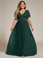 Glamorous Plus Size V-Neck A-Line Formal Evening Dress with Short Sleeves