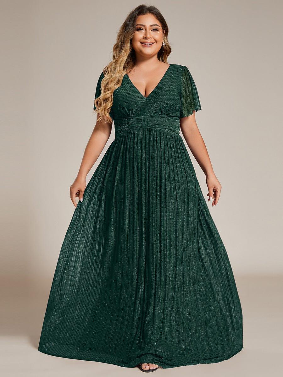 Glamorous Plus Size V-Neck A-Line Formal Evening Dress with Short Sleeves