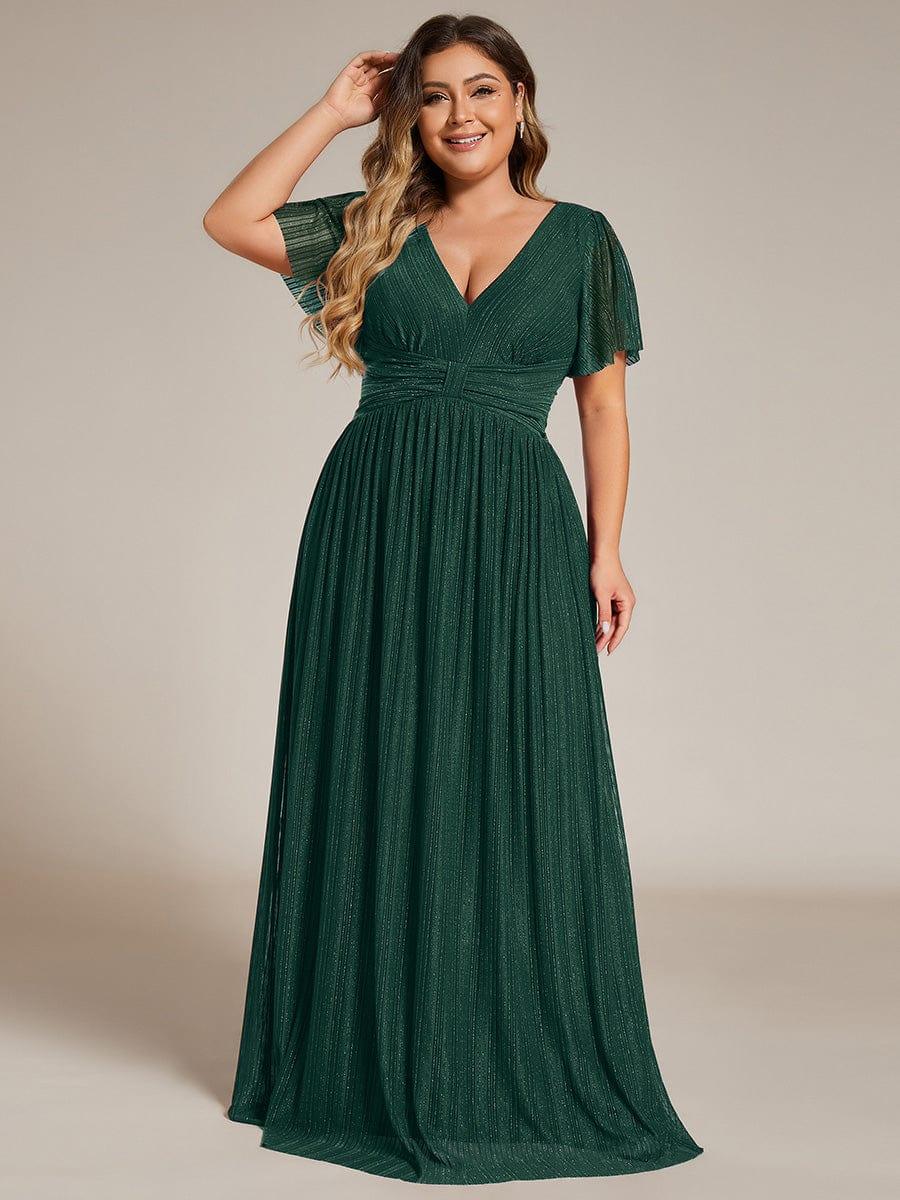 Glamorous Plus Size V-Neck A-Line Formal Evening Dress with Short Sleeves
