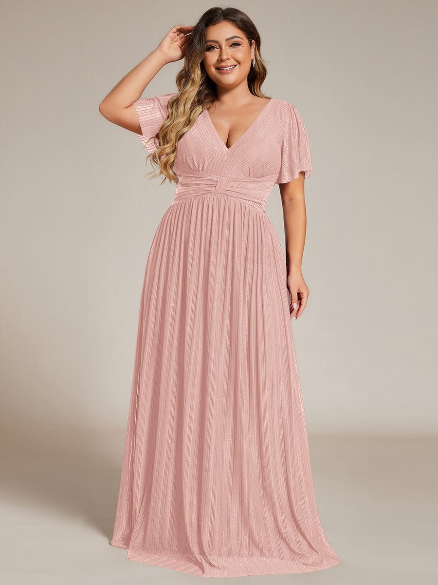 Glamorous Plus Size V-Neck A-Line Formal Evening Dress with Short Sleeves
