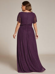 Glamorous Plus Size V-Neck A-Line Formal Evening Dress with Short Sleeves