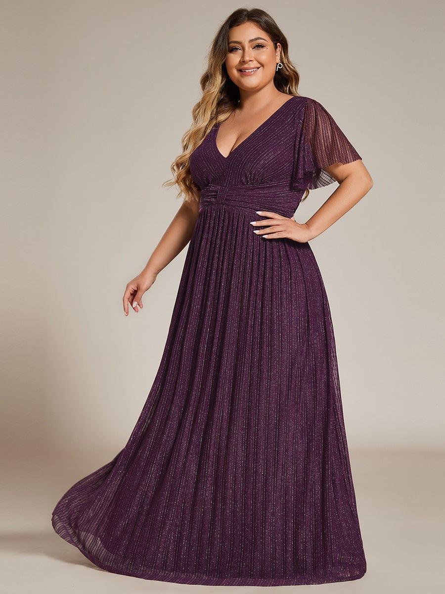 Glamorous Plus Size V-Neck A-Line Formal Evening Dress with Short Sleeves