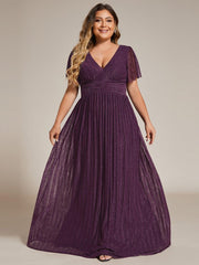 Glamorous Plus Size V-Neck A-Line Formal Evening Dress with Short Sleeves
