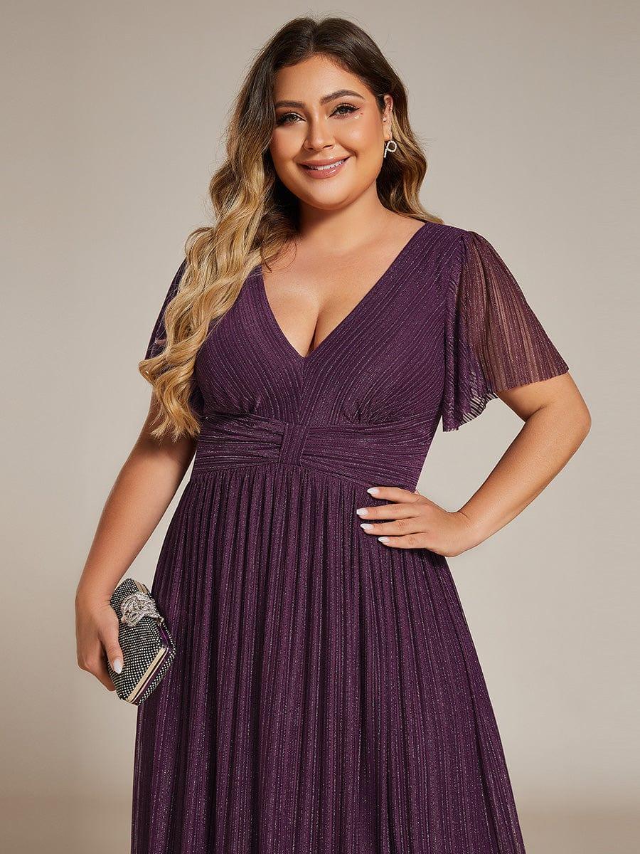 Glamorous Plus Size V-Neck A-Line Formal Evening Dress with Short Sleeves