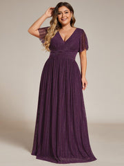Glamorous Plus Size V-Neck A-Line Formal Evening Dress with Short Sleeves