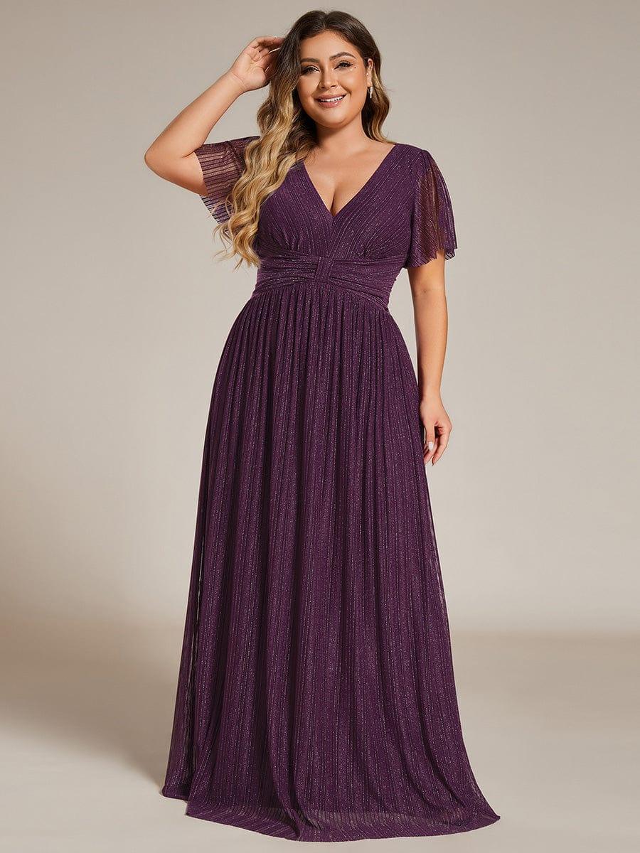 Glamorous Plus Size V-Neck A-Line Formal Evening Dress with Short Sleeves